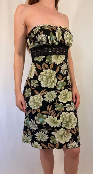 Strapless Green and Brown Floral Lace Y2k Party Dress thumbnail 1