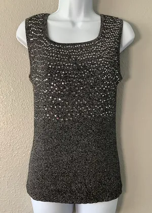 Vintage 90s Silver Sequin Holiday New‎ Years Eve Party Sparkly Ribbed Tank Top M thumbnail 1