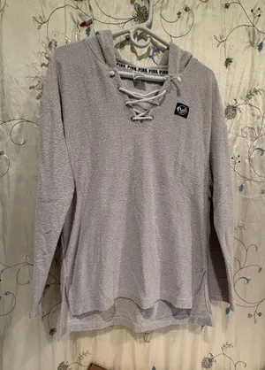 PINK Victoria's Secret Gray Lace-Up Hoodie thumbnail 1