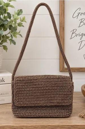 The Sak Brown Crochet Shoulder Bag Flap Purse Magnetic Snap Made Indonesia thumbnail 1
