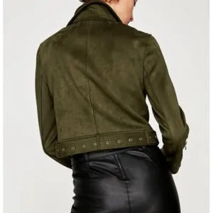 Zara Belted Suede Effect Biker Jacket Olive Military Moto Edgy Punk Cropped Coat thumbnail 2