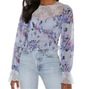 Free People Daphne Blouse with sheer lace yoke and gathered Edwardian‎ Sleeves thumbnail 2