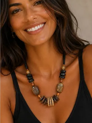 Vintage Wooden Bead & Chunky Statement Necklace Boho Tribal thumbnail 1