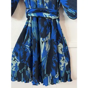 Ciebon XS Blue Pleated Floral Belted Mini Dress Balloon Sleeve Button Front thumbnail 6