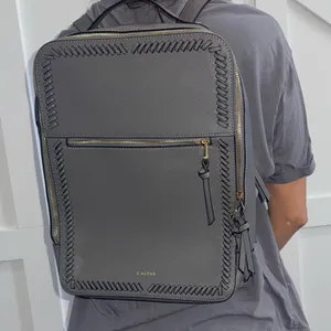 Calpak Gray Leather Backpack with Braided Trim and Gold Accents thumbnail 1