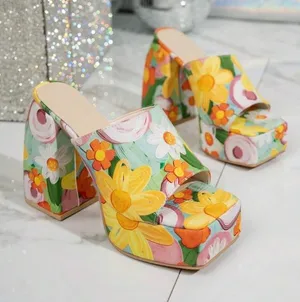 Women's High Heel Sandals, Super High Heel, Platform Vintage Floral Print Design thumbnail 1
