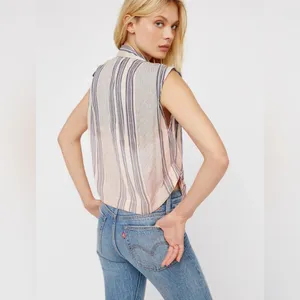 Free People Ombré Baby Blue Striped Button-Down Shirt with Tie Sleeves thumbnail 15