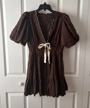 House of Harlow 1960 Brown Linen Dress Scallop Trim Cottagecore Size 6 thumbnail 1