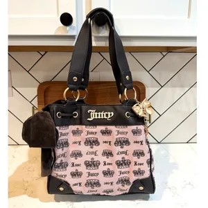 Vintage Juicy Couture Large Daydreamer Tote Bag brown pink crown pattern bow thumbnail 2