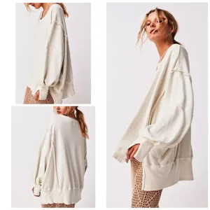 NEW! WE THE FREE PEOPLE Camden LARGE Gray Opal Cream Off-Shoulder Sweatshirt thumbnail 2