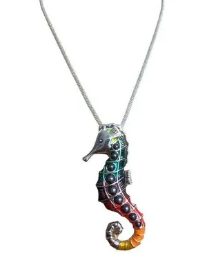 Silver Tone Mesh Chain Necklace Seahorse Pendant Rainbow Enamel Faux Pearls Adj thumbnail 1