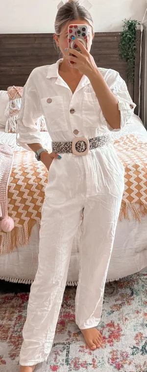 ZARA White Linen Belted Jumpsuit thumbnail 2