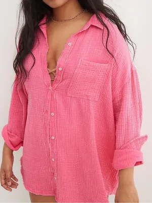 Aerie Pink Pool To Party Button Up Shirt Size Large Cotton Beach Summer Pool thumbnail 1