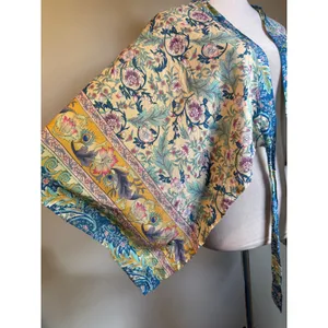 Do Everything In Love Floral Paisley tie top kimono‎ Yellow Blue One Size boho whimsi flowy crop shirt thumbnail 3