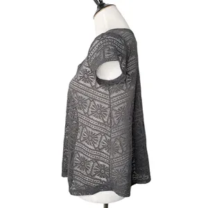 American Eagle Crochet Sheer See Though Top Size S Gray BOHO Lace Short Sleeve thumbnail 6