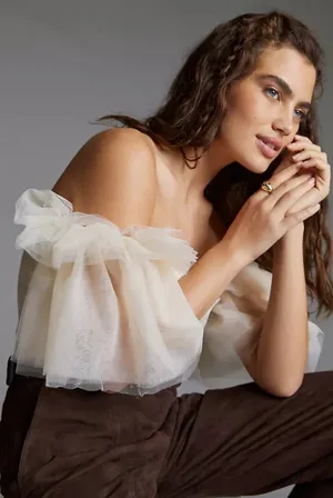 Anthropologie Sunday In Brooklyn Tulle Off The Shoulder Blouse Top Ivory Xl thumbnail 5