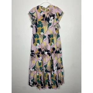 pantsstore Floral Ruffle Maxi Dress Pom Pom Accents Pink Yellow Green Size S thumbnail 2