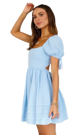 Hello Molly Light Blue Textured Tiered Mini Dress Open Cutout Back Size 8 thumbnail 1