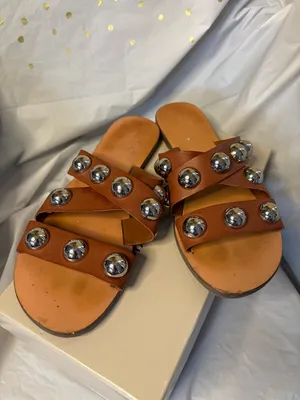 Marc Fisher Carmel Brown Leather Slide Sandals with Silver Stud Accents thumbnail 4