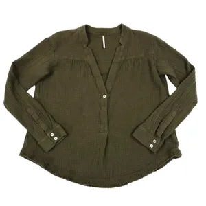 FREE PEOPLE Changing Horizons V Neck Top Sz S Olive Green Gauze Oversize Boho thumbnail 5