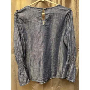 C Women's Blue Solid Denim Blouse M Round Neck Long Puff Sleeve Smocked Cuff New thumbnail 7