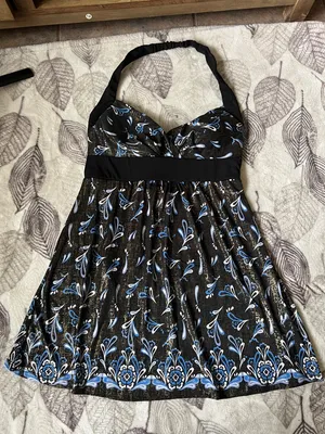 Y2k vintage blusón Black Halter Neck Print Dress with Blue Accents thumbnail 1