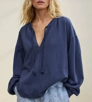 Aerie Easy Street blue oversized tie neck sweater size small thumbnail 1