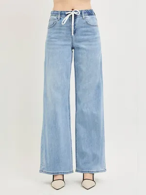RISEN Light Wash Wide Leg Jeans Elastic Cinch Tie Waist Slouchy Various NEW thumbnail 4
