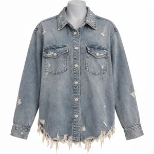 Zara Distressed Frayed Hem Denim Shirt Jacket Light Wash Blue XL Oversized thumbnail 1