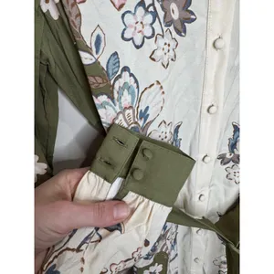 Sézane Button Down Floral Khaki Green Cream Belted Shirt Dress Sz 34 XS thumbnail 6