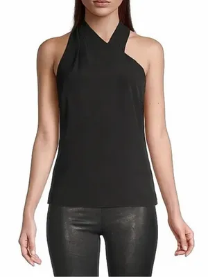 Milly Preston Cady Halter Top Black Asymmetrical Neck Sleeveless Top SMALL thumbnail 1