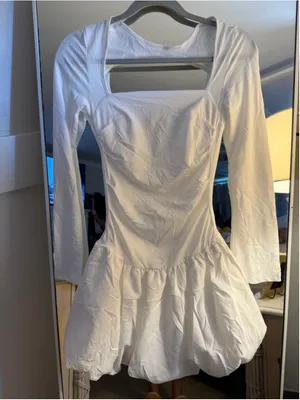 NEW White Bubble Mini Dress Long Sleeve Square Neck Backless Puffy Poof Skirt M thumbnail 4
