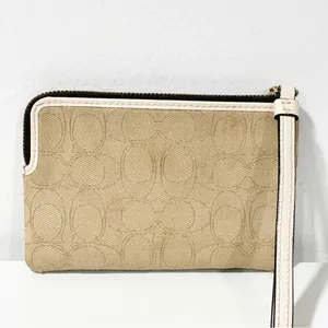 Coach Double Corner Zip Wristlet In Signature Canvas Beige Tan Brown thumbnail 3