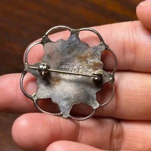 Vintage‎ Navajo Sterling Silver Turquoise Cluster Brooch Pin JW MS Signed 1.5in thumbnail 3