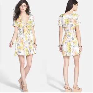 Free People Part Time Lover Floral Tie Front Mini‎ Dress Sz 4 yellow gray thumbnail 2