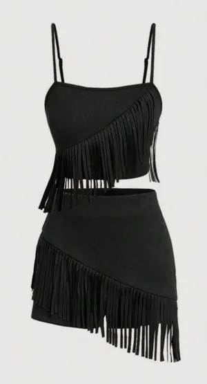 SheIn Fringe Two-Piece black Skort Crop Top Set thumbnail 1