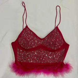 Y2K Rhinestone Bustier Crop Top Feather Trim Hot Pink NWT L thumbnail 1