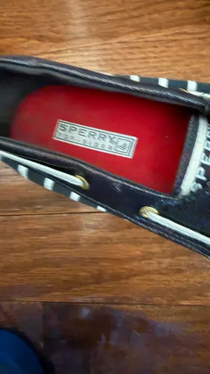 Sperry Black & White Striped Canvas Boat Shoes with Red Insole thumbnail 11