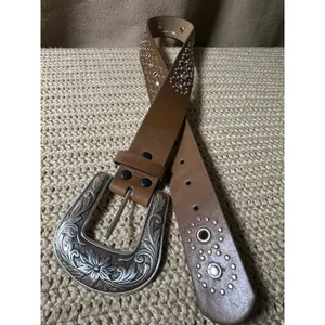 Western Brown Leather Rhinestone Studded Belt Medium Floral Engraved Buckle thumbnail 3