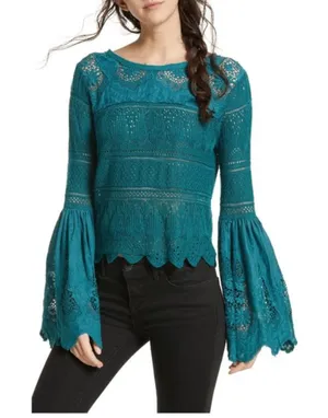 Free People Once Upon A Time Teal Lace Knit Bell Sleeve Top Fairy Boho thumbnail 1