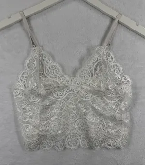 White Floral Lace Bralette Crop Top Sheer V-Neck Adjustable Straps Small‎ thumbnail 1