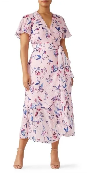 Tanya Taylor Blaire Pink Floral Silk Ruffle MIDI Dress Faux Wrap Flowers v6x thumbnail 1