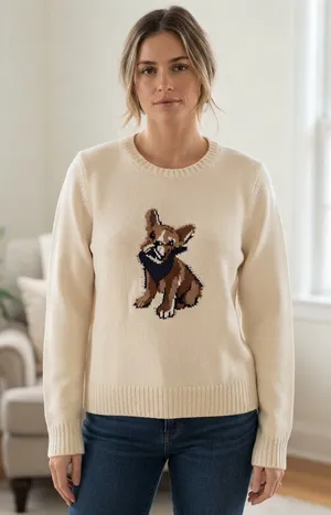 Sweet Halo French Bulldog Graphic Knit Cotton Sweater Cream Cute Dog Sz L thumbnail 1