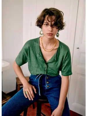 Sézane Joshua Linen T-Shirt in Jade thumbnail 2