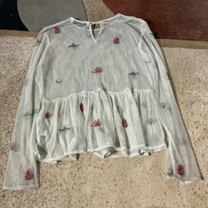 Zara Floral Embroidered Mesh Peplum Top Womens XS Ivory Sequin Sheer Boho Blouse thumbnail 6