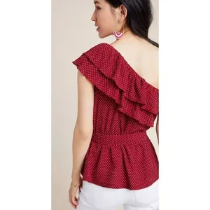 Anthropologie Maeve Rita Ruffled One Shoulder Blouse Red Color White Polka Dot S thumbnail 2