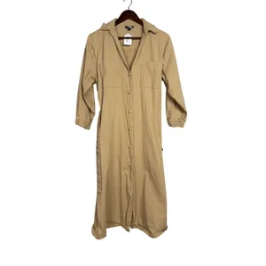 Area Stars Chic Belted Waist Midi Shirt Dress 3/4 Sleeves Button Down L Tan thumbnail 3