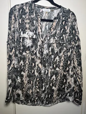 Calvin Klein Women's Snake-Print Button Front Shirt - Black/Ivory 100% Linen XL thumbnail 1
