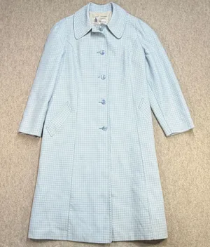 Vintage London Fog Trench Coat Womens 16 Reg Blue Gingham Retro Mod Academic 70s thumbnail 1