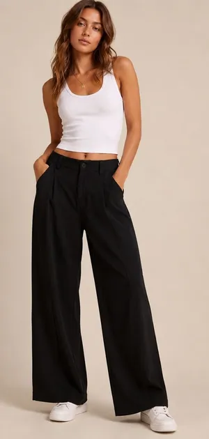 Halara Women Pants XL Black Wide Leg High Waisted Pleated Elastic Back Pockets thumbnail 1